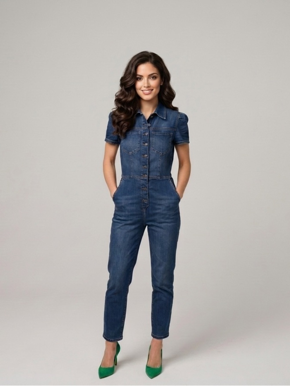 Women's Short-Sleeve Denim Jumpsuit - Dark Blue